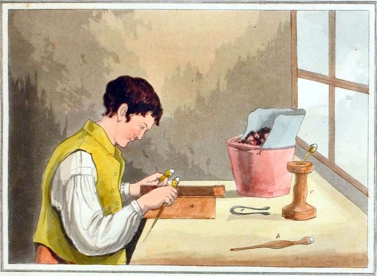 An early nineteenth-century illustration of a diamond cutter at his workbench